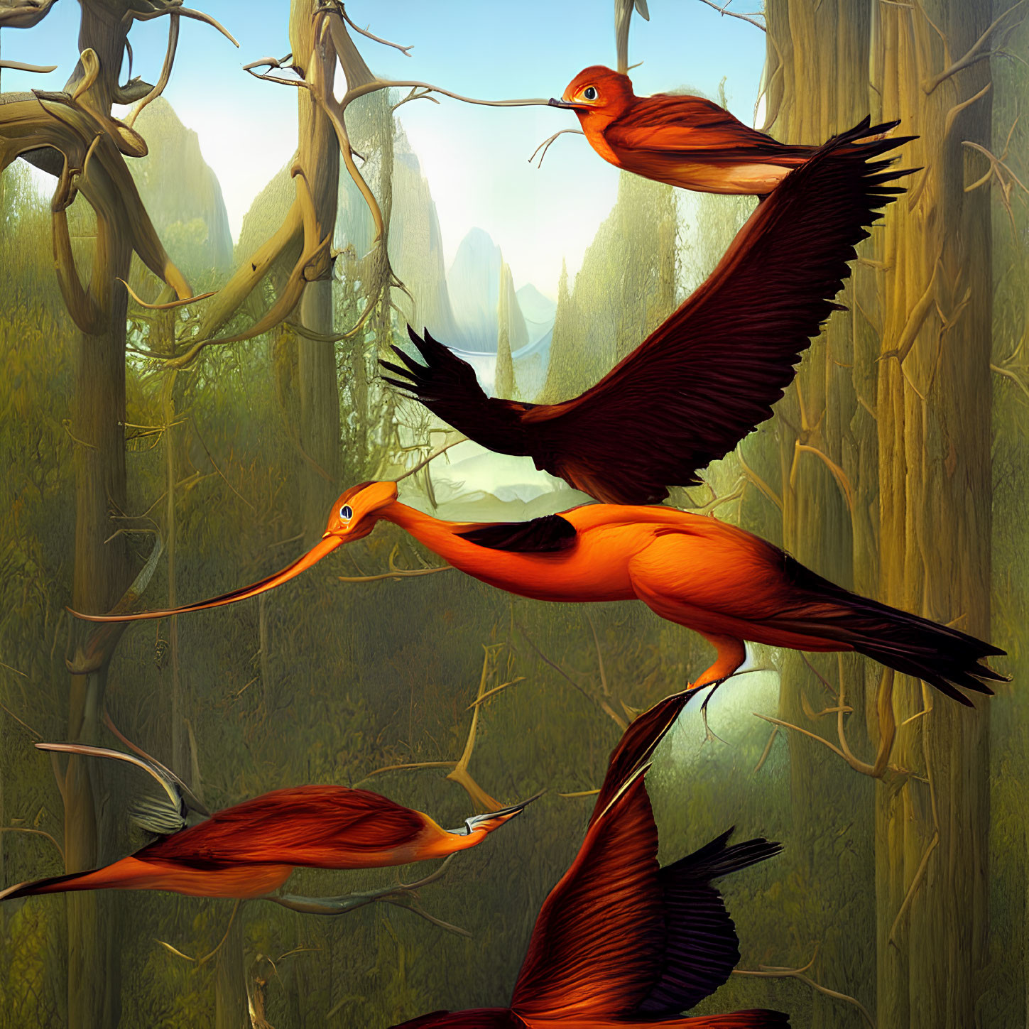 Vibrant orange birds with long beaks flying in green forest