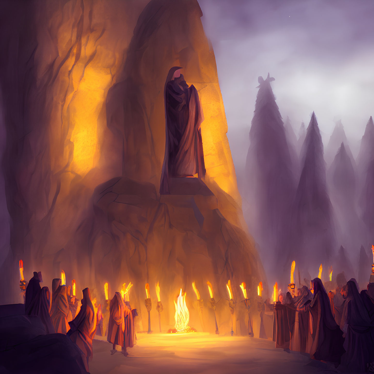Hooded Figures Gathered Around Fire in Mountainous Setting