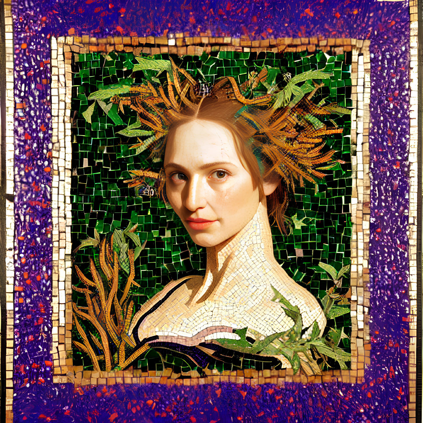 Mosaic Artwork: Woman Portrait with Green and Golden Foliage