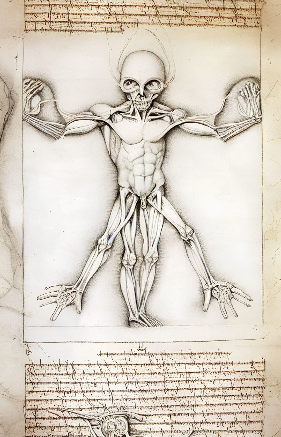 Detailed Anatomical Drawing: Human Figure Revealing Muscles and Bones in Spread-Eagle Pose