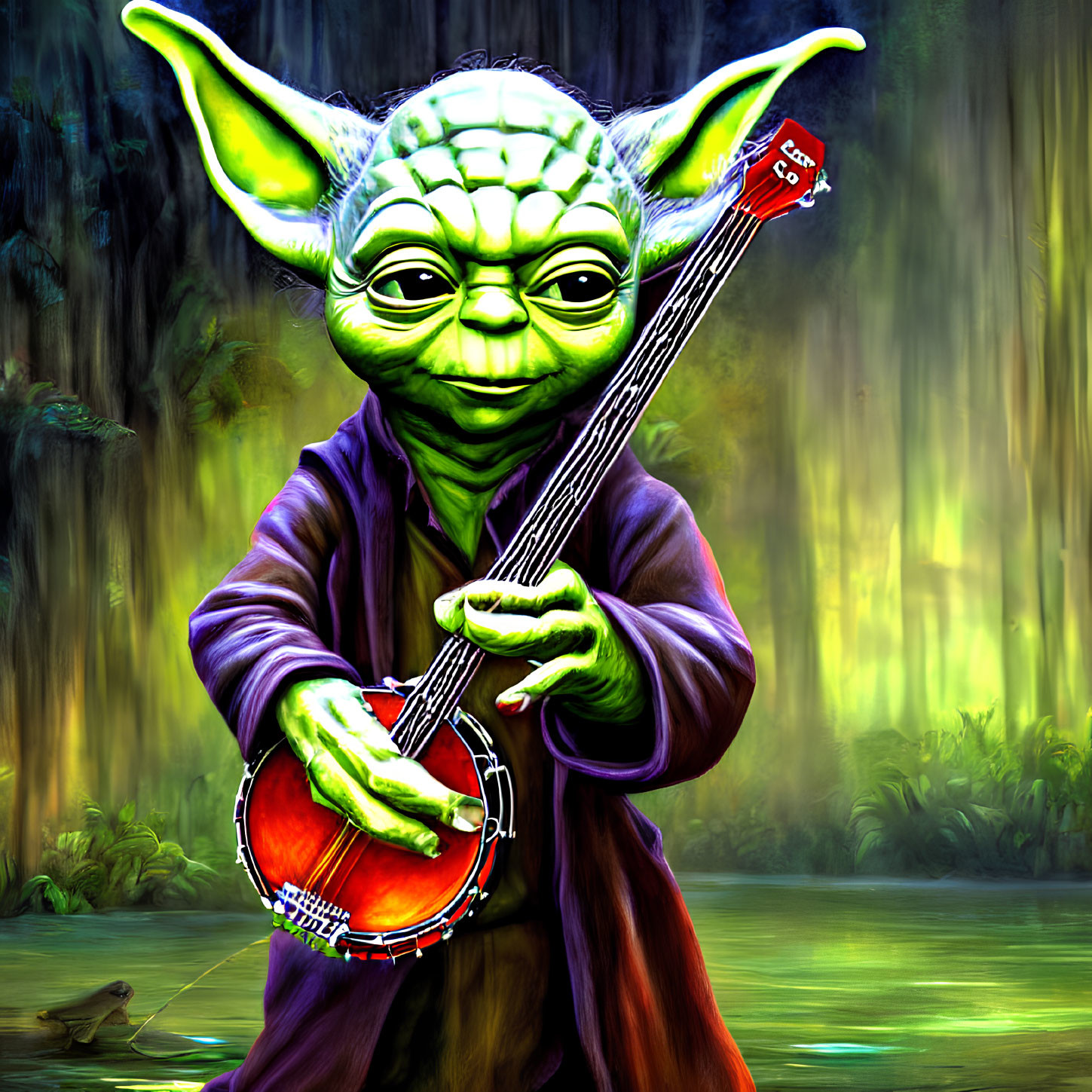 Fictional character Yoda playing red banjo in mystical forest