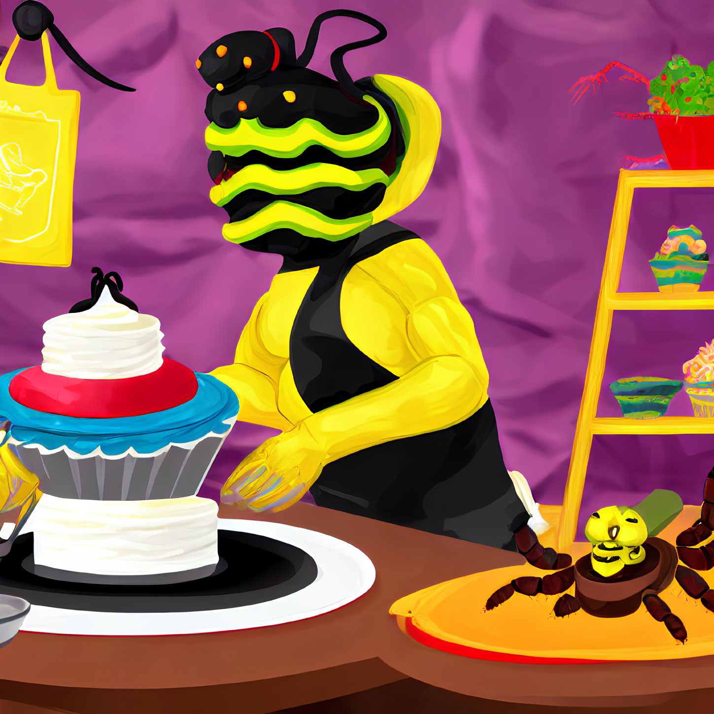 Cartoon bee chef decorating giant cupcake with happy bee and desserts in background