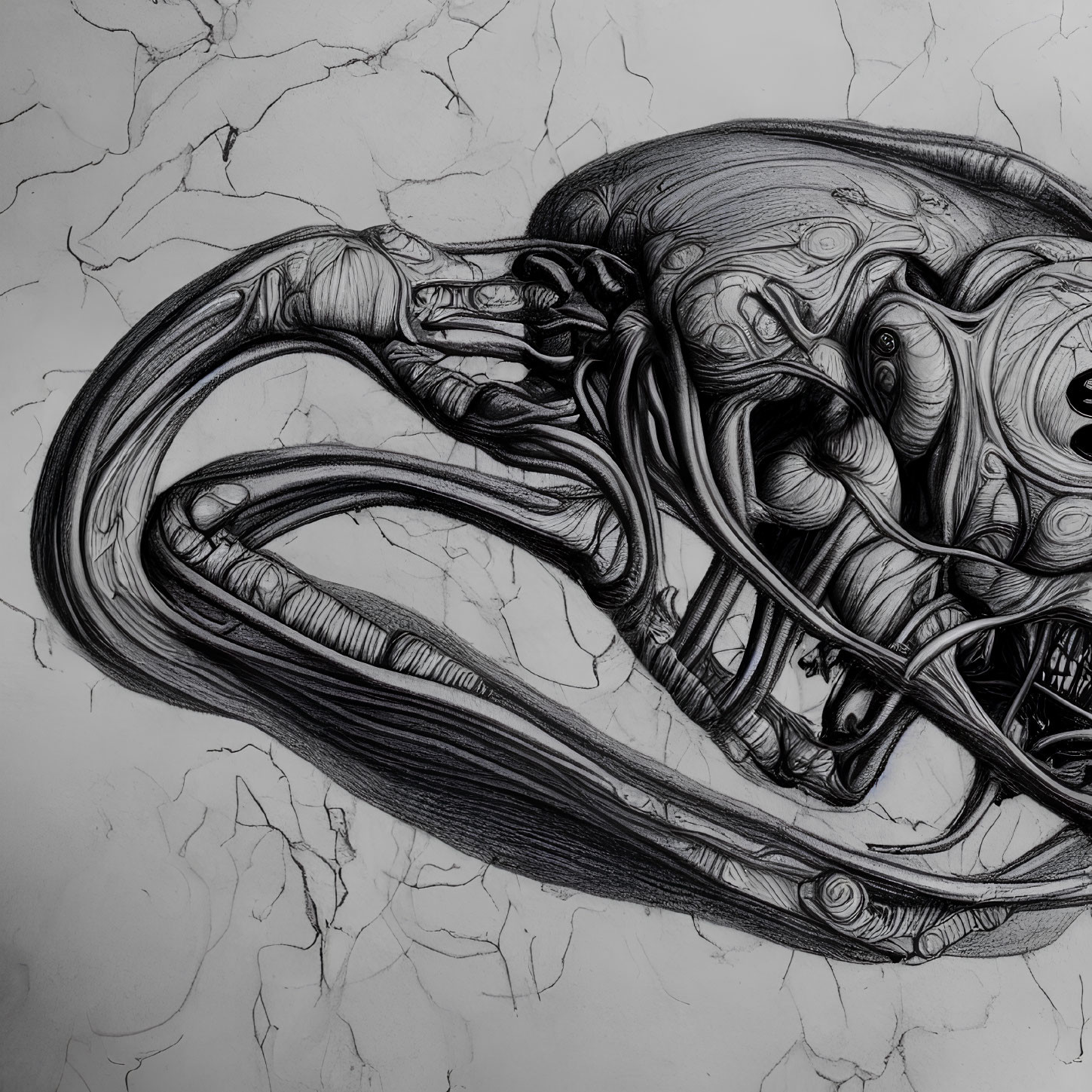 Detailed Monochromatic Biomechanical Creature Drawing on Cracked Surface