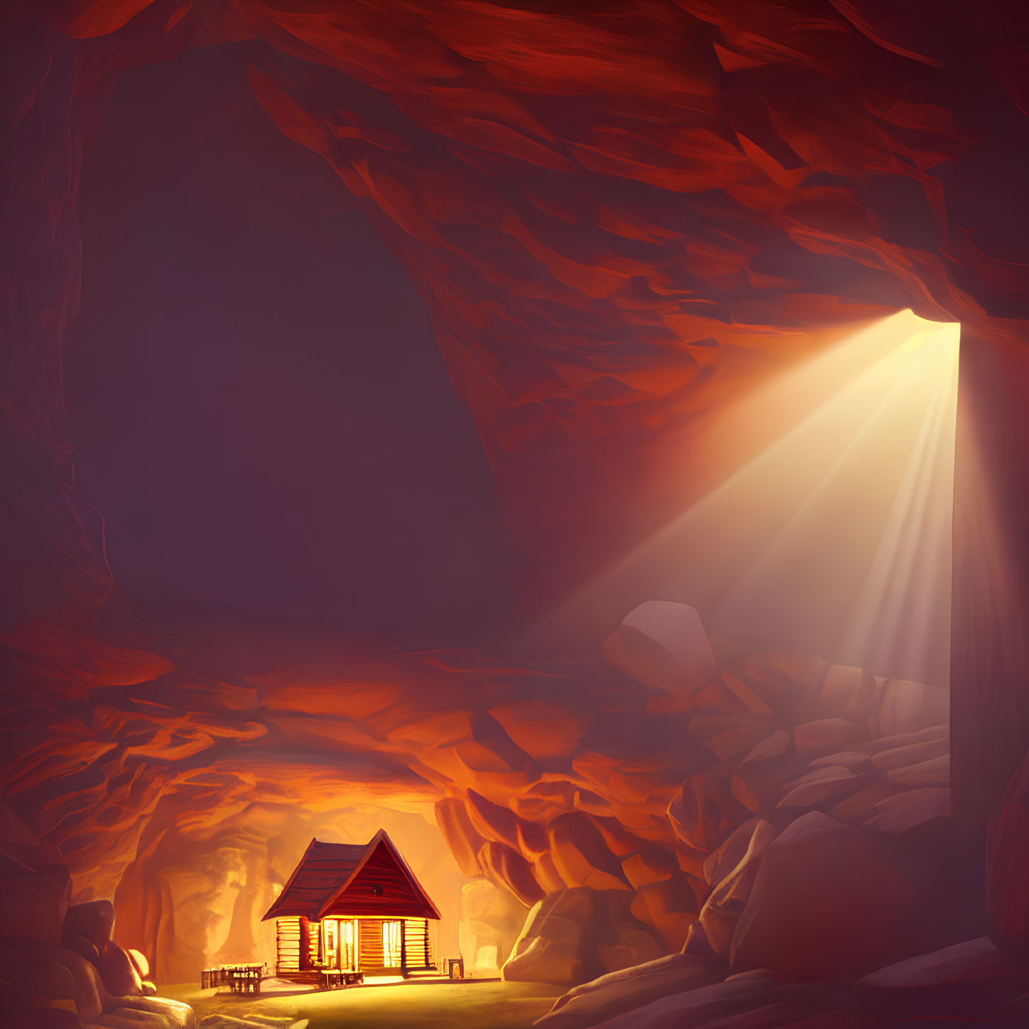 Cabin in cavern with glowing windows and warm light