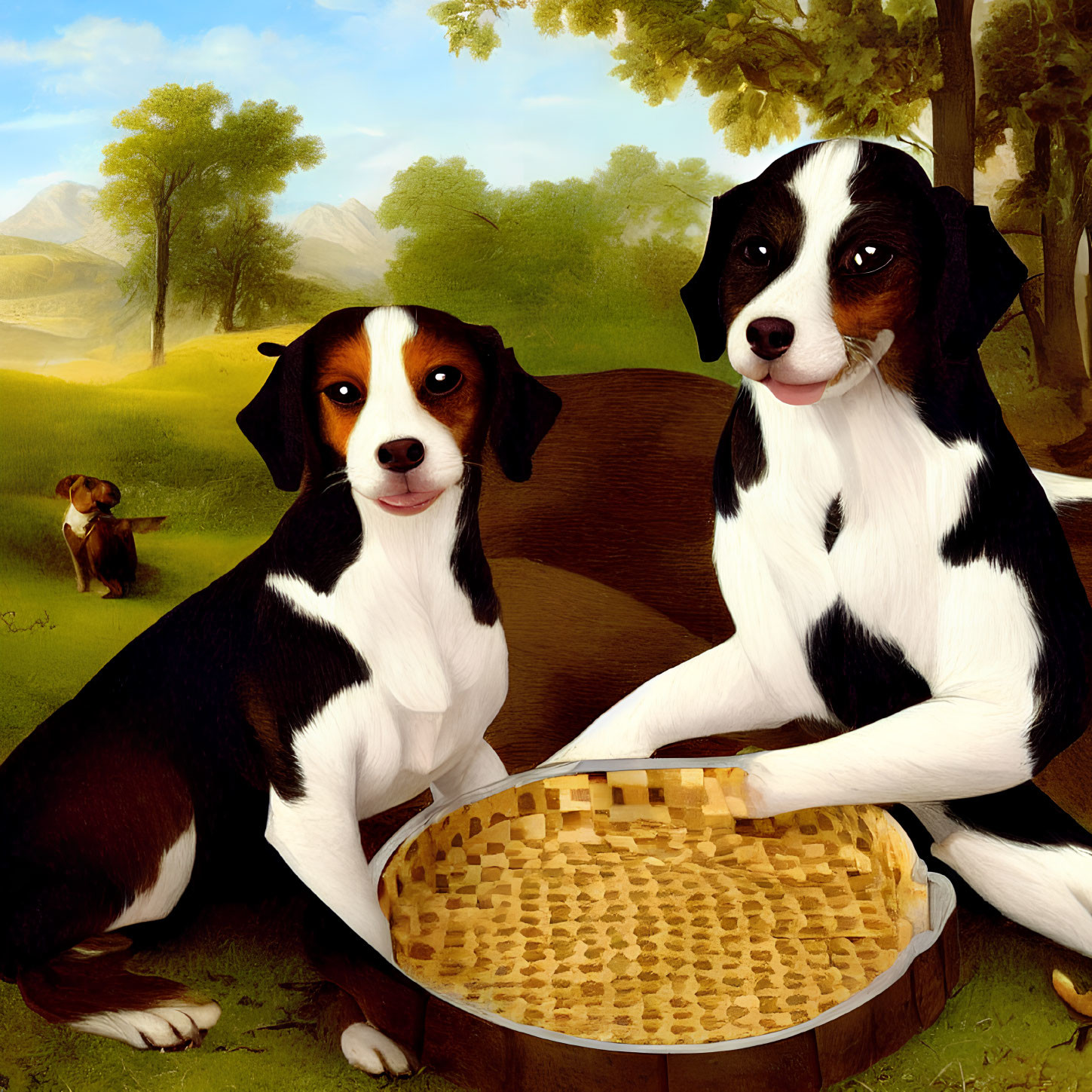 White and brown spotted dogs playing checkers on grass with pastoral landscape and another dog in background.