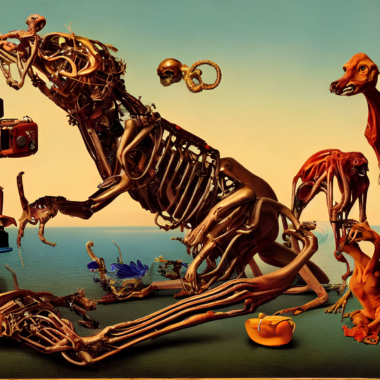 Surreal metallic skeletal creature with exposed muscles and objects on ochre backdrop