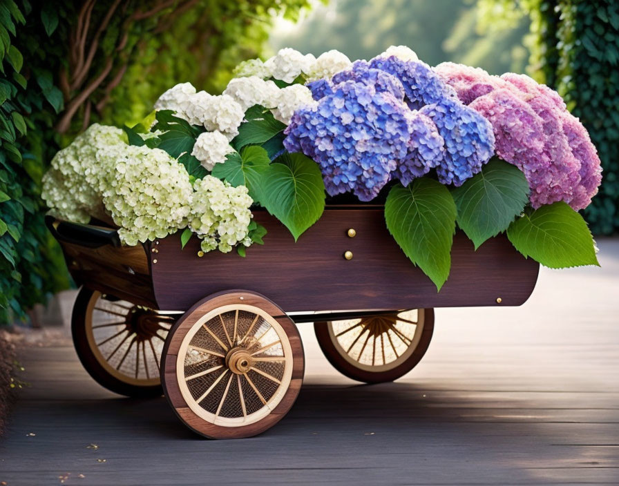 Wooden Cart Overflowing with Blue, White, and Purple Hydrangea Blooms