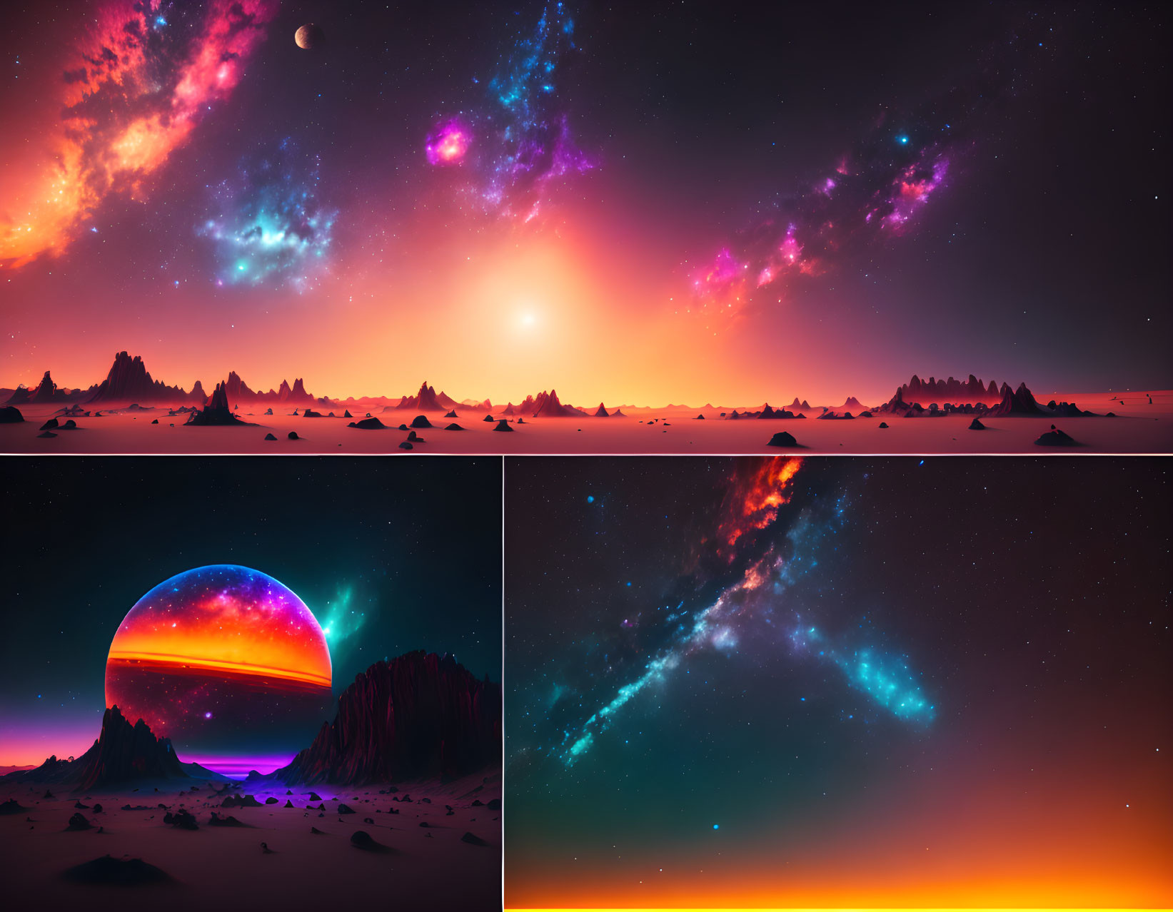 Vibrant Space-Themed Triptych Artwork: Cosmic Panorama, Glowing Planet Rise