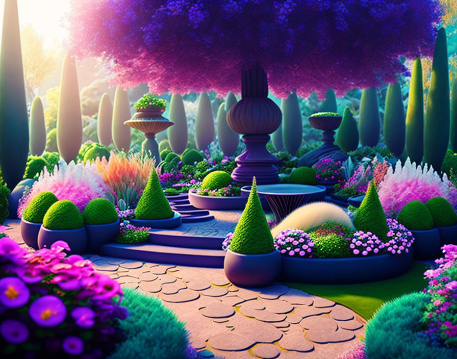 Colorful Fantasy Garden with Whimsical Topiary and Fountain