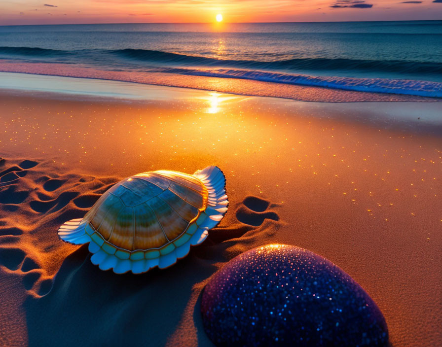 Turtle on Sandy Beach at Sunset with Ocean Waves