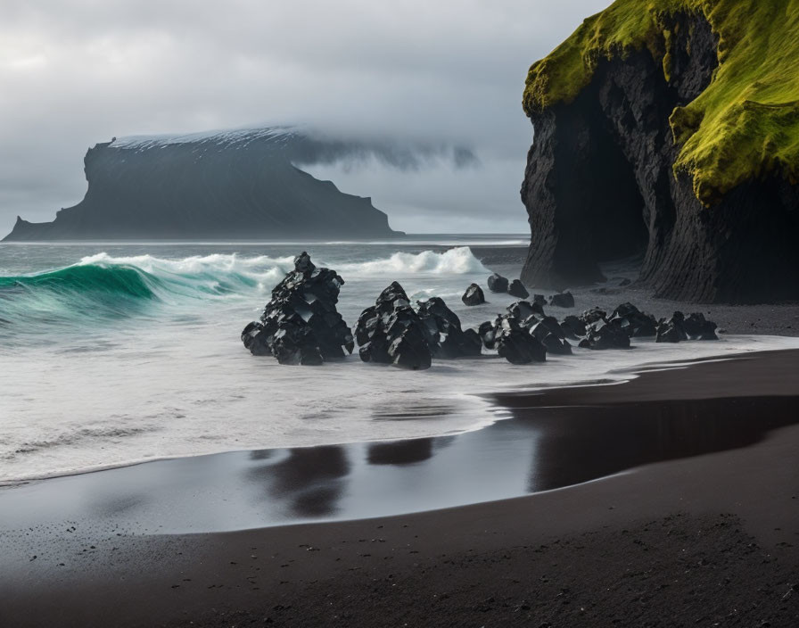 Dark volcanic rocks on black sand beach with mossy cliffs and misty island.