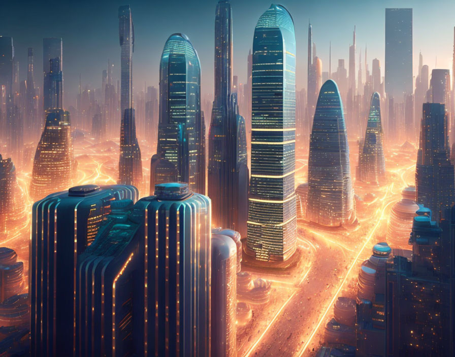 Futuristic cityscape at dusk with glowing traffic lines and illuminated skyscrapers.