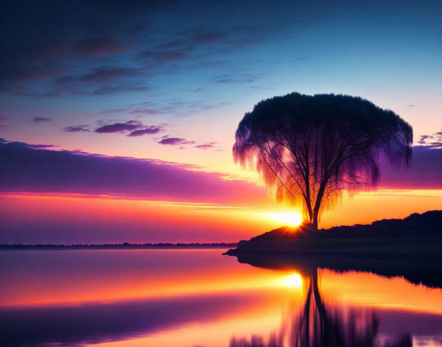 Solitary tree by calm lake under vibrant sunset sky