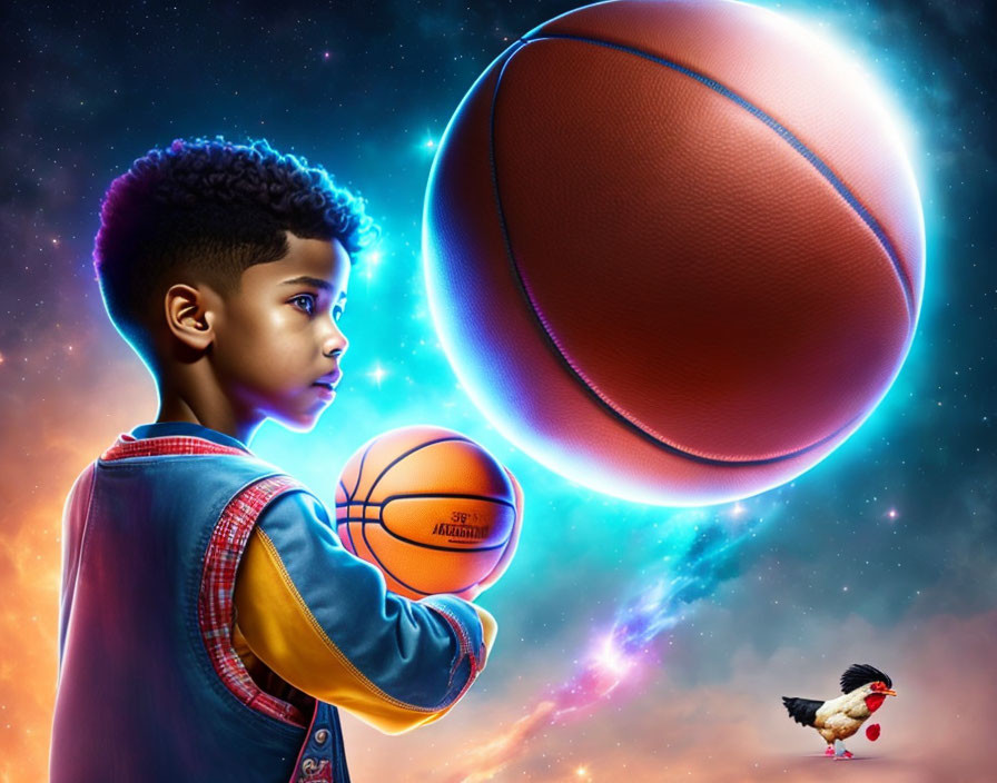 Young boy with basketball gazes at giant cosmic basketball, chicken in sneakers nearby