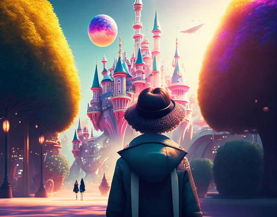 Person in hat and jacket views whimsical castle landscape with oversized trees and flying vehicles