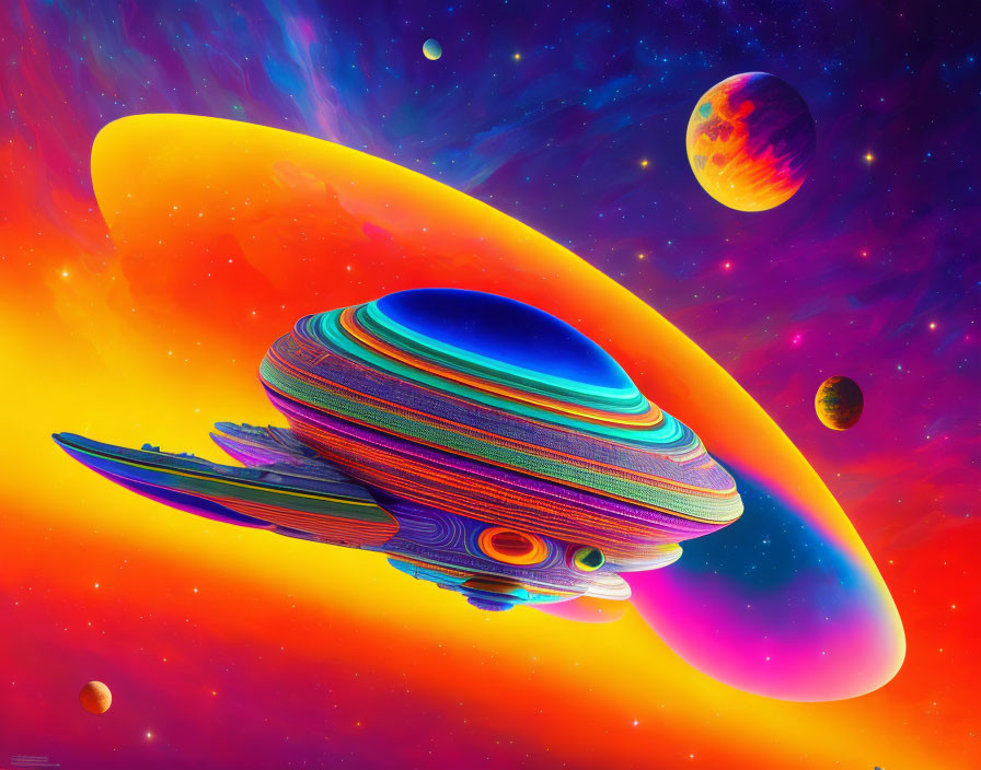 Colorful Spaceship in Psychedelic Space Scene with Planets and Stars
