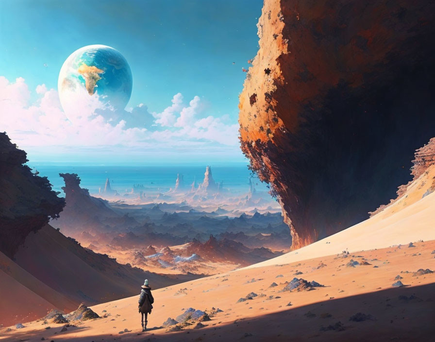 Cloaked figure on alien landscape with Earth-like planet in sky