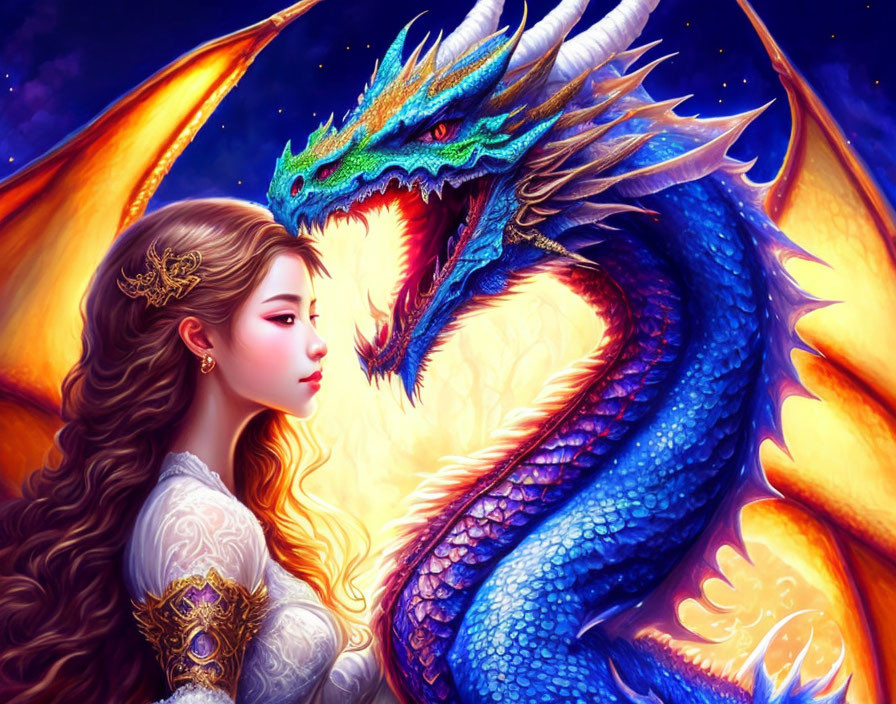 Elaborately dressed woman and blue dragon in close connection under starry night.