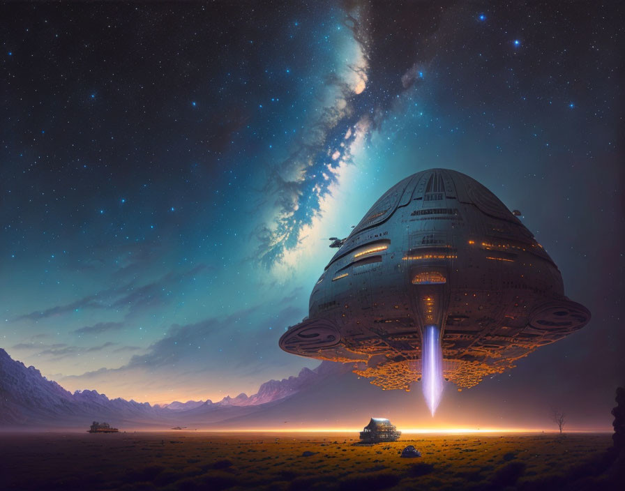Giant spaceship emitting light over desert landscape at night