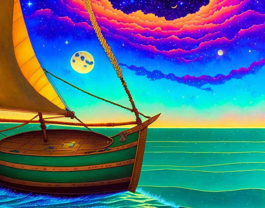 Colorful Wooden Sailboat Illustration on Calm Sea with Starry Sky and Sunset