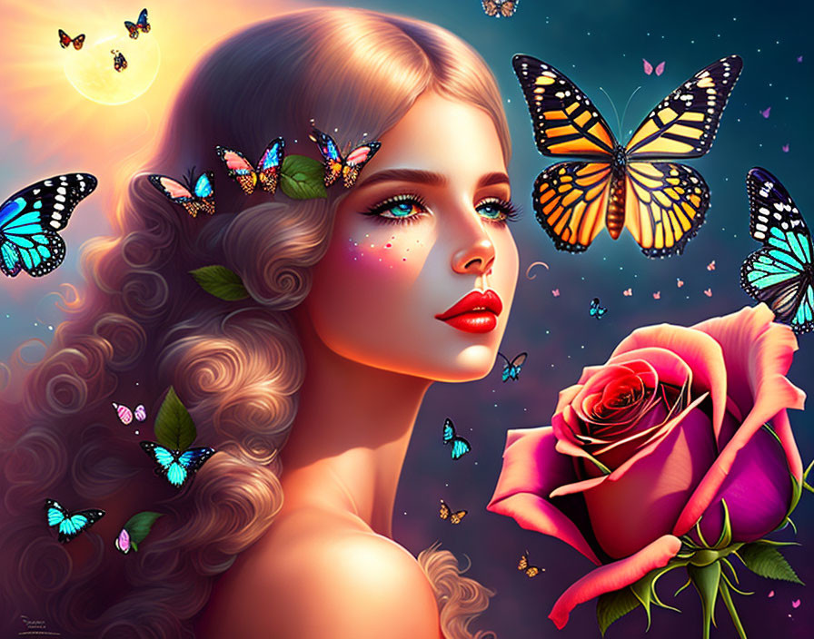 Surreal portrait of woman with wavy hair and butterflies, looking at red rose in night sky