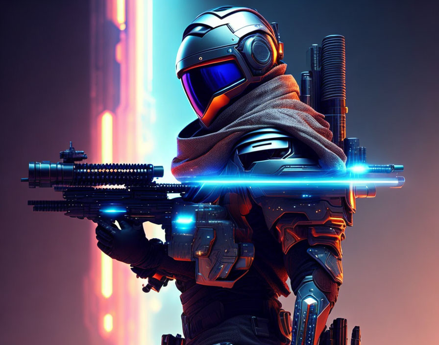Futuristic soldier in advanced armor with glowing blue rifle on neon-lit backdrop