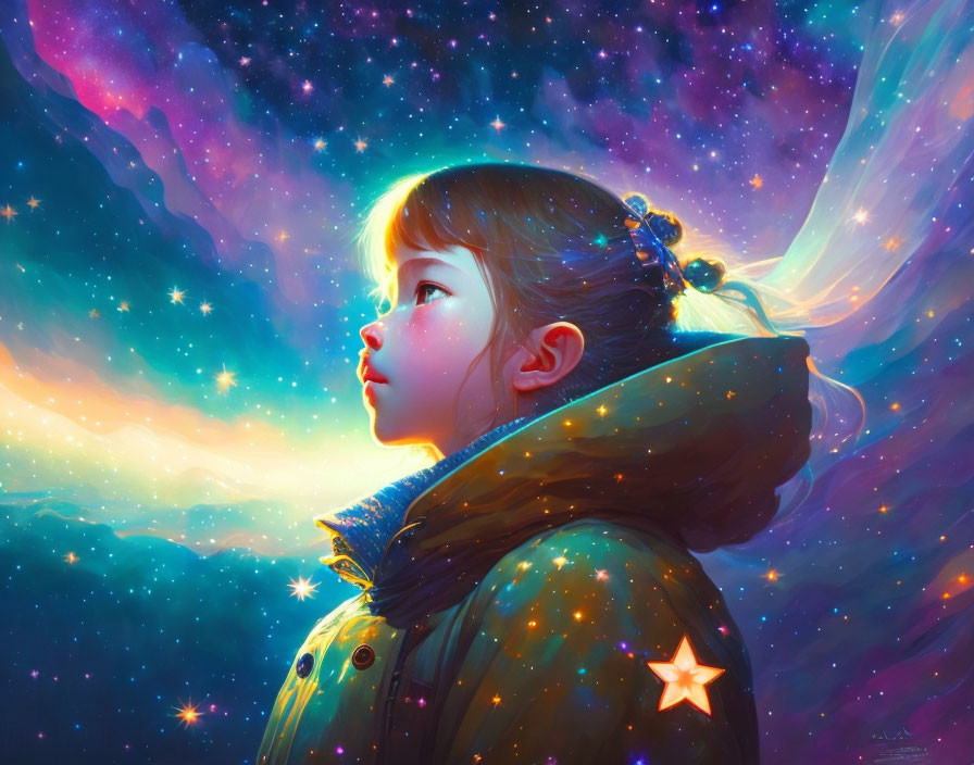 Young girl mesmerized by vibrant cosmic sky full of stars and colors.