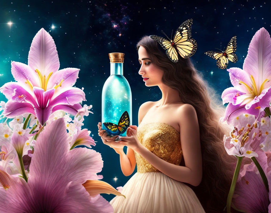 Woman in Golden Dress Holding Glowing Bottle Among Pink Flowers and Butterflies