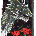 Detailed digital artwork: fierce dragon surrounded by red roses in fantasy setting