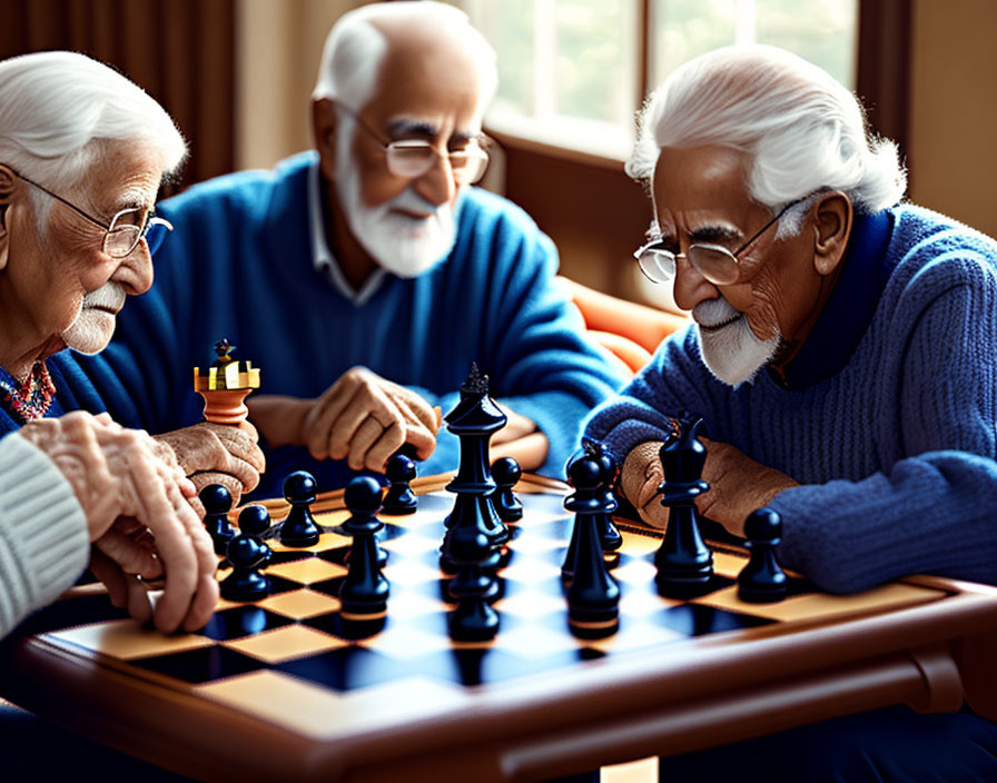 three seniors playing chess