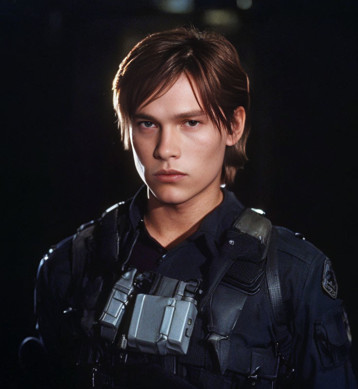 Young Individual in Futuristic Military Armor with Shoulder-Length Hair