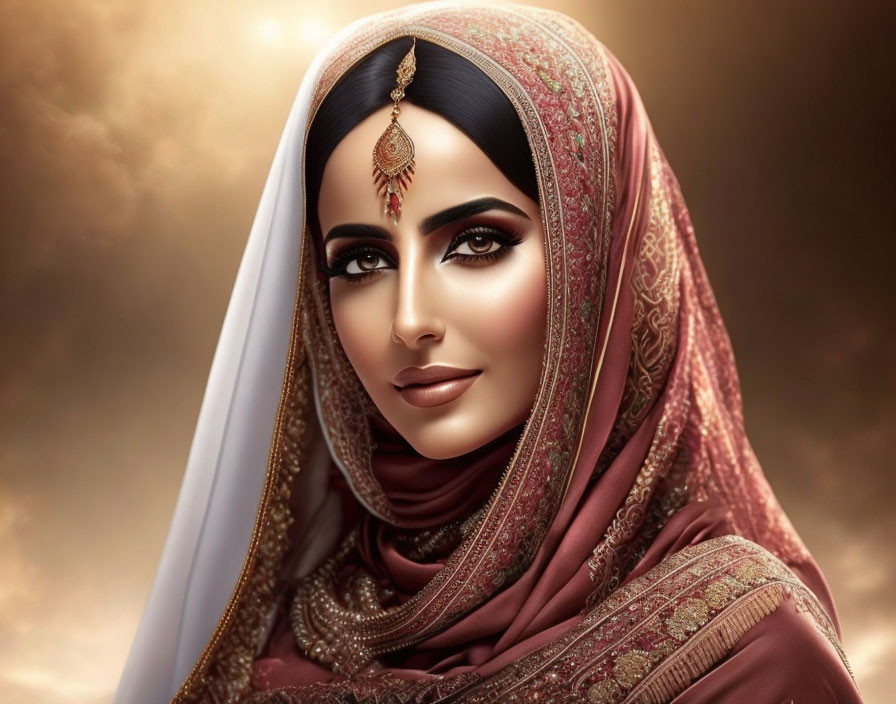 Illustrated woman in red and gold traditional headscarf with striking eyes and intricate jewelry against warm background
