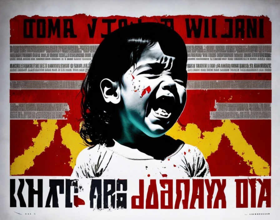 Crying child with red paint splashes on Cyrillic backdrop