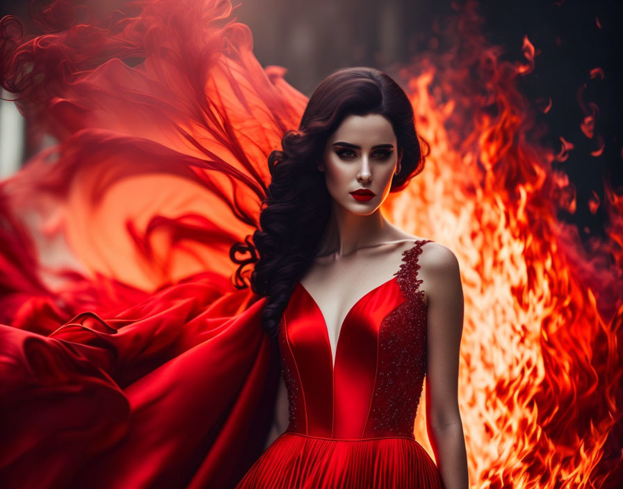 Woman in red dress with dynamic flames background.