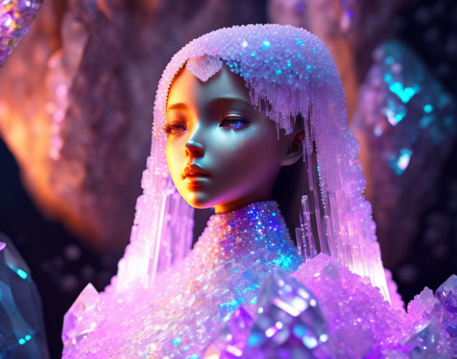 Blue-toned humanoid figure with vibrant crystals and sparkling elements