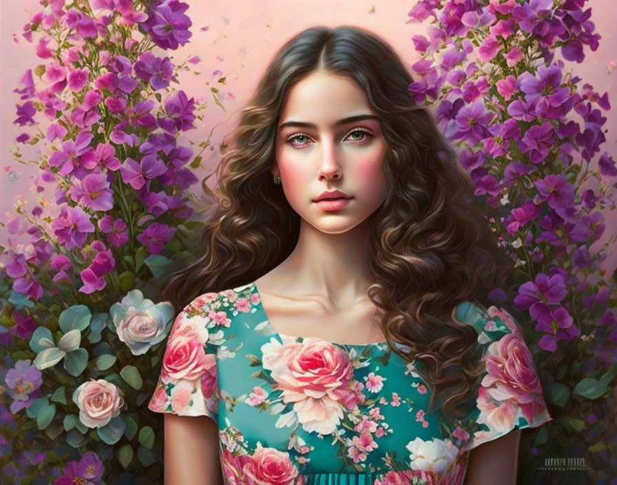 Digital artwork: Young woman with wavy hair, serene expression, surrounded by lush pink flowers in floral