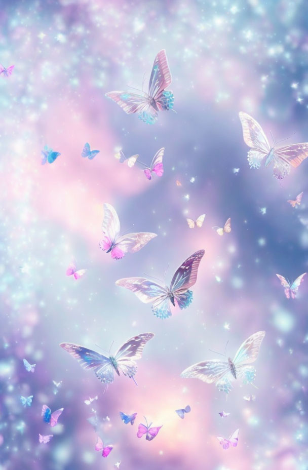 Pastel-colored butterflies in dreamy bokeh light scene
