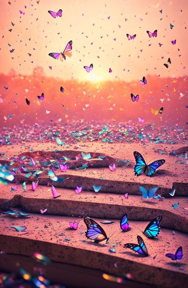 Vibrant butterflies flutter over glittering steps at sunset
