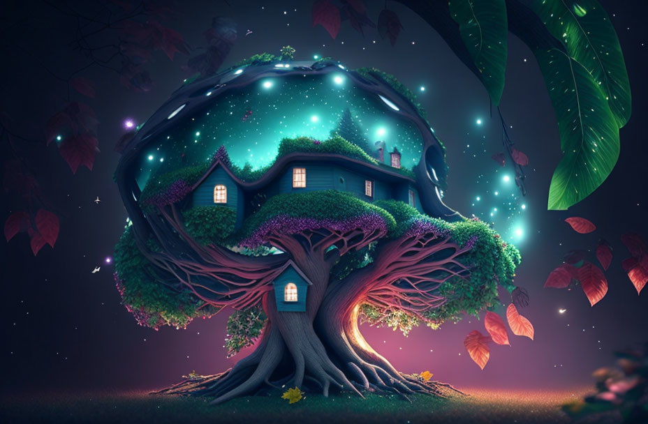 Illustration of large tree with houses under starry sky and glowing lights