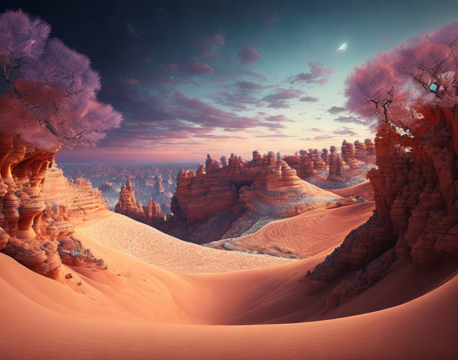 Surreal desert landscape with sand dunes, pink trees, and rock formations