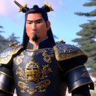 Asian warrior in ornate blue-and-gold armor against pine trees
