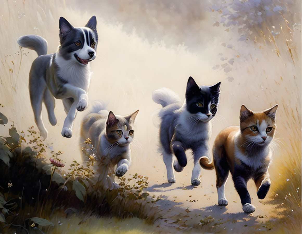 A dog chases the cats