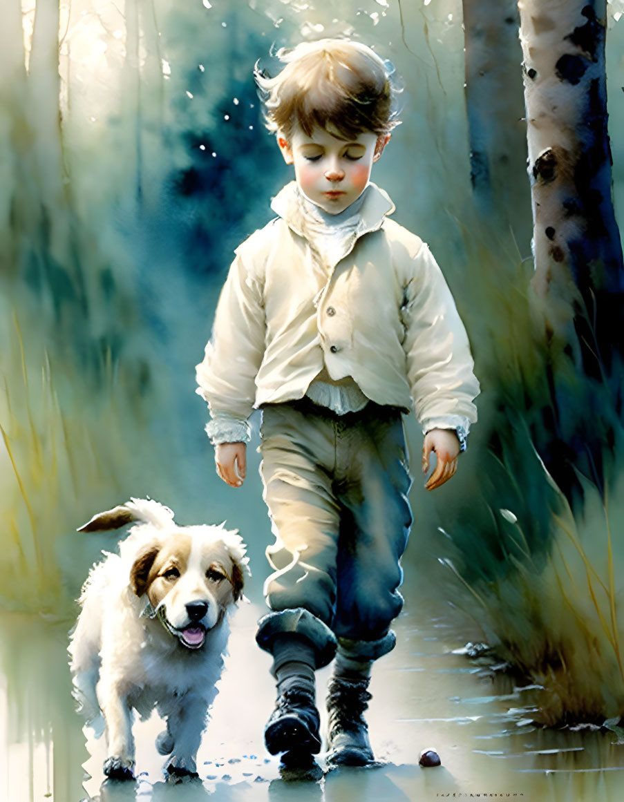 A boy walking his dog in the morning 