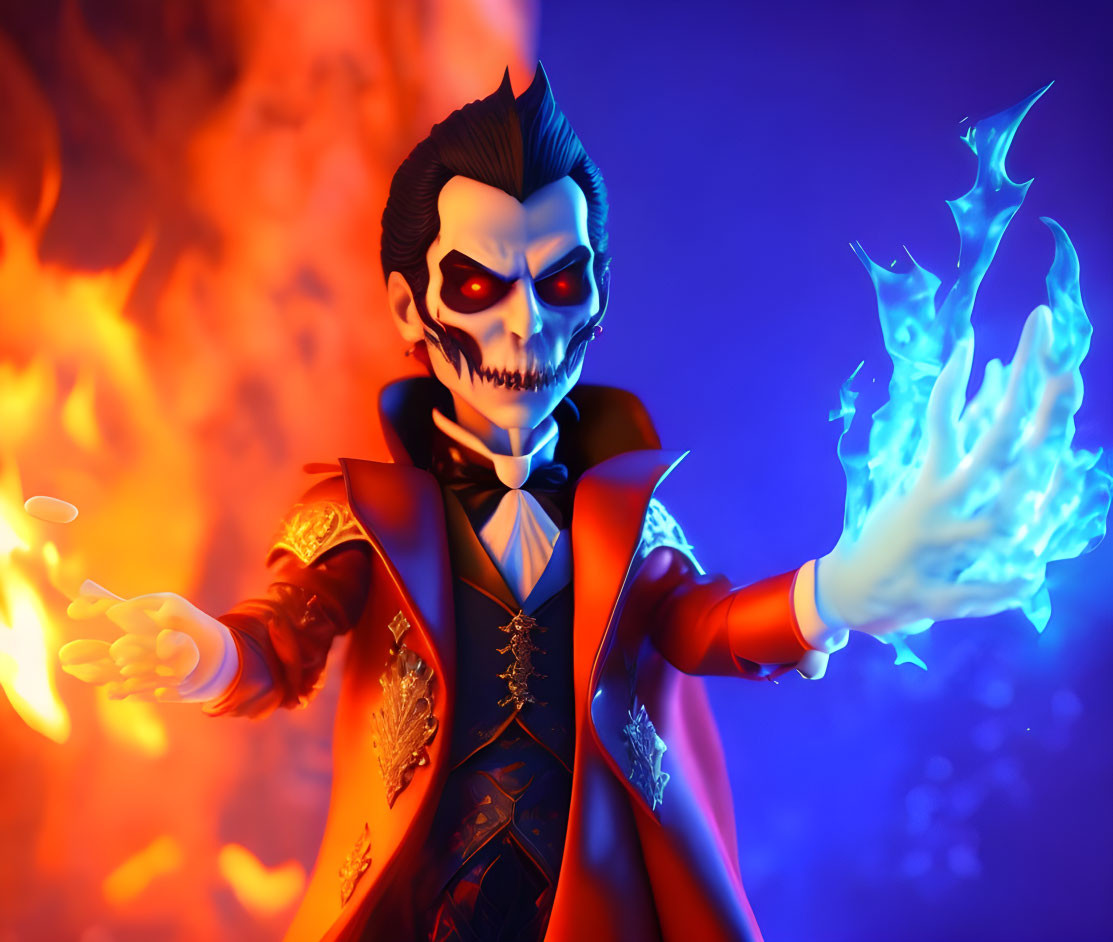 Skull-faced vampire figurine in red cloak with blue fireball on fiery backdrop