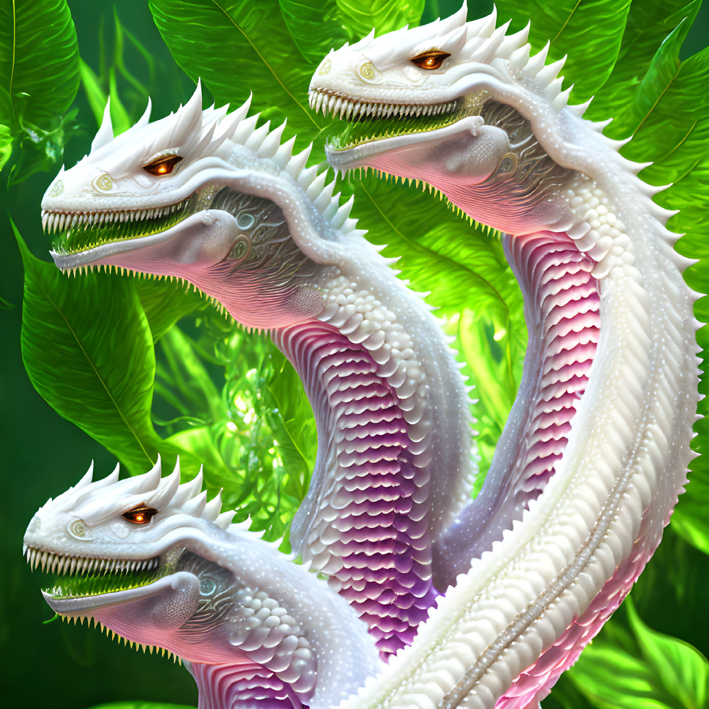 Detailed Three-Headed Dragon Illustration in White Scales Among Green Foliage
