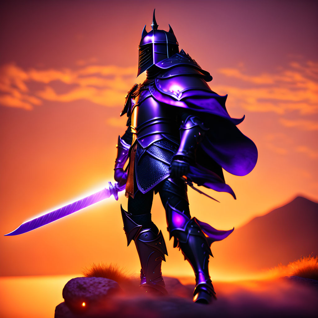 Purple-armored knight with glowing sword in 3D-rendered scene