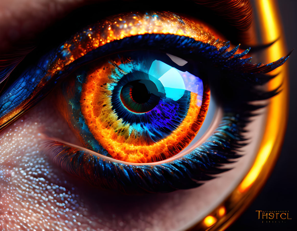 Close-up of human eye with fiery orange, blue, and yellow iris.