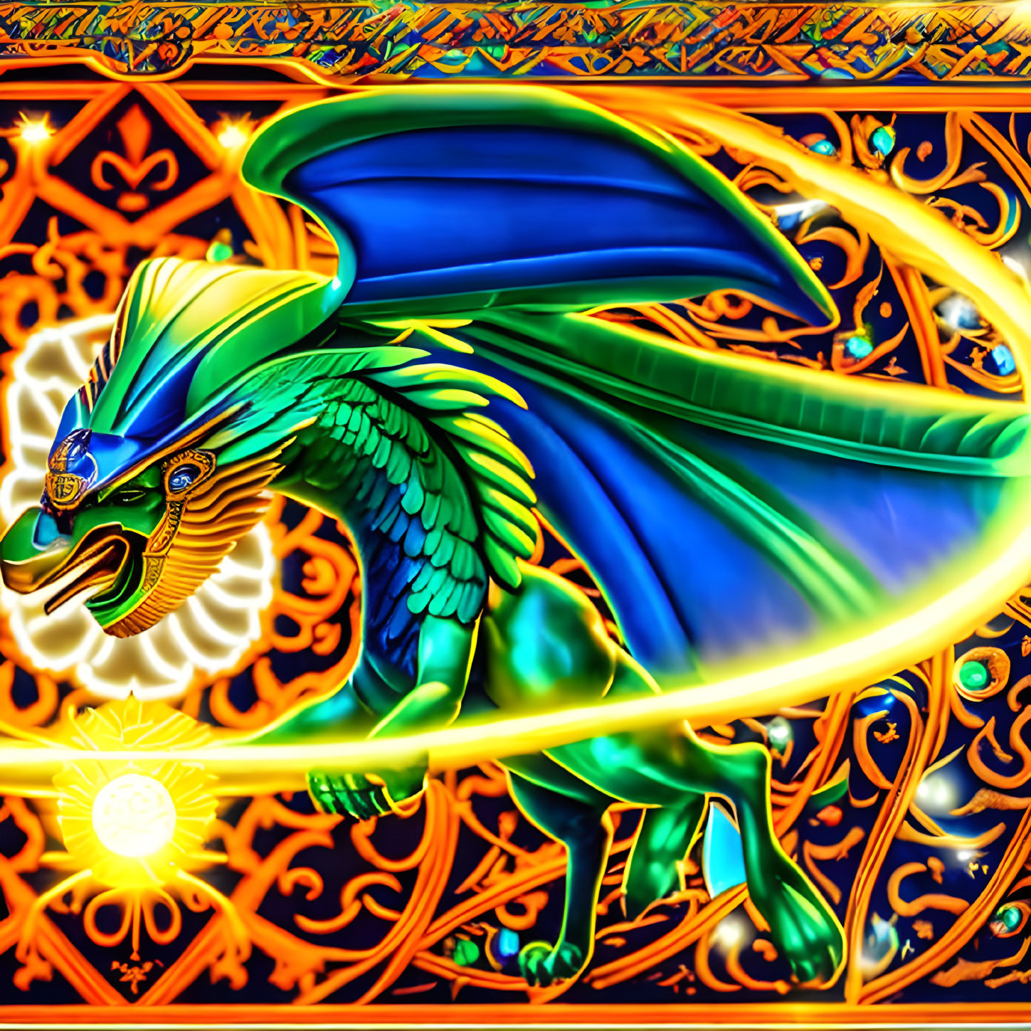 Detailed digital artwork: Blue-green dragon with outstretched wings in golden ring.