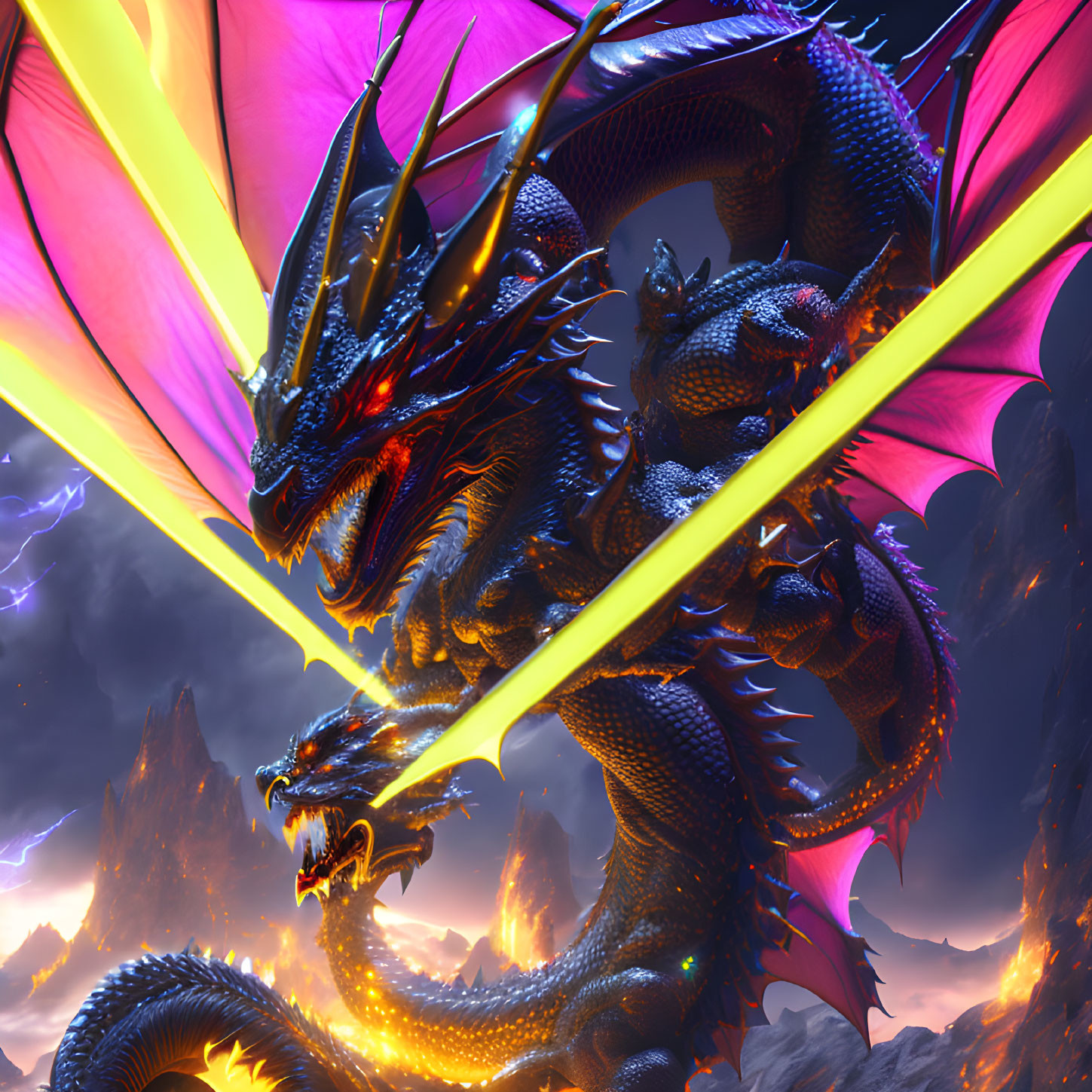 Majestic multi-headed dragon with glowing eyes and pink wings on rocky terrain under purple sky
