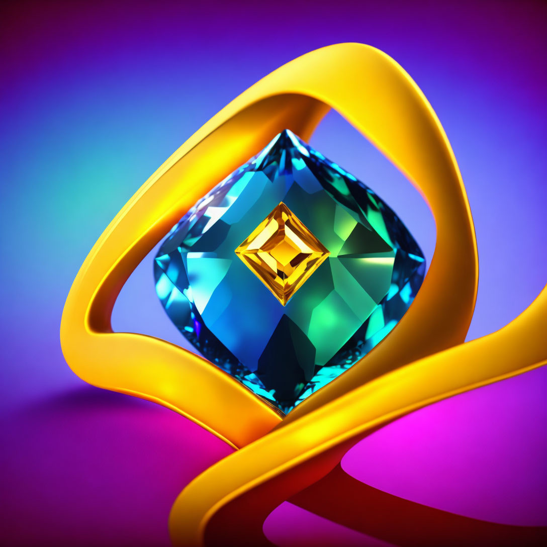 Colorful 3D illustration: Large blue gem in golden frame on gradient backdrop